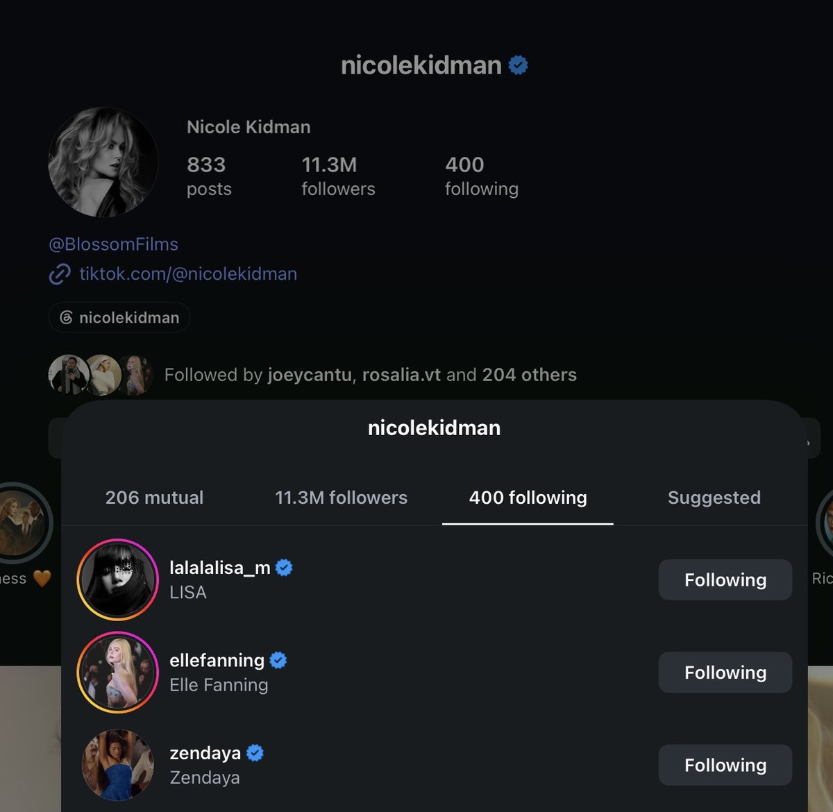 btf0327's tweet photo. SINCE WHEN?? Nicole Kidman followed LISA OMGGGGGGGGGGG 😭 https://t.co/0RPxxJ2SDG