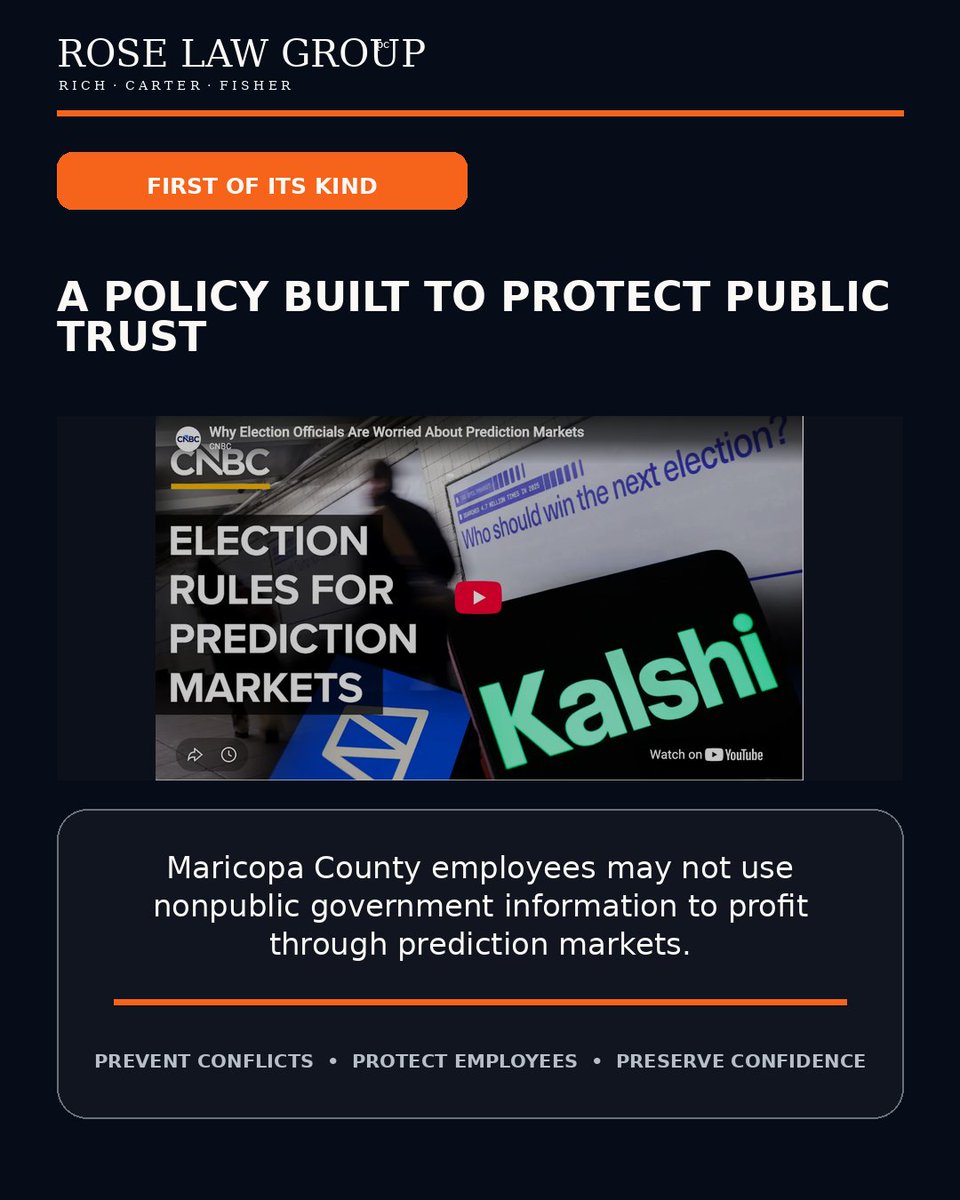 roselawgroup's tweet photo. #InTheNews! Maricopa County Supervisor and Rose Law Group Partner Thomas Galvin told CNBC about a policy he sponsored barring 13,000 county employees from using non-public information to bet on elections or other county matters.

Watch the full broadcast: https://t.co/EGg4TqFoBG https://t.co/0XyEmh5qvo