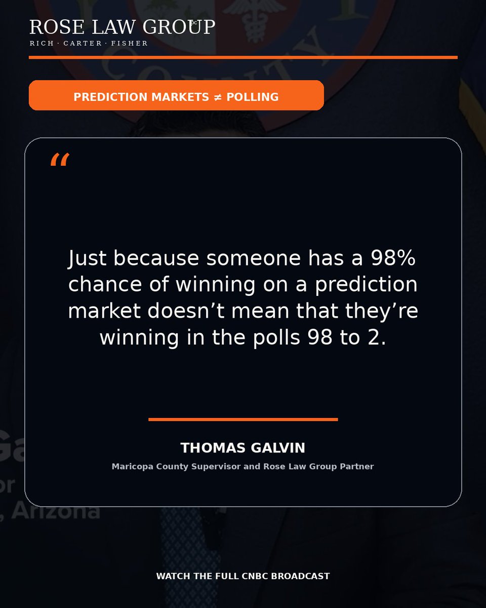 roselawgroup's tweet photo. #InTheNews! Maricopa County Supervisor and Rose Law Group Partner Thomas Galvin told CNBC about a policy he sponsored barring 13,000 county employees from using non-public information to bet on elections or other county matters.

Watch the full broadcast: https://t.co/EGg4TqFoBG https://t.co/0XyEmh5qvo
