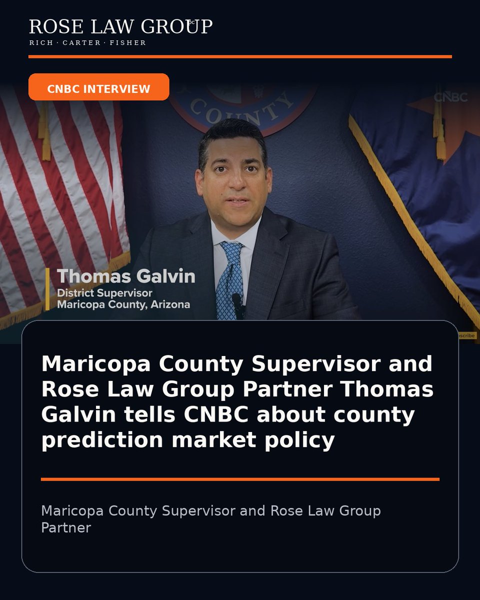 roselawgroup's tweet photo. #InTheNews! Maricopa County Supervisor and Rose Law Group Partner Thomas Galvin told CNBC about a policy he sponsored barring 13,000 county employees from using non-public information to bet on elections or other county matters.

Watch the full broadcast: https://t.co/EGg4TqFoBG https://t.co/0XyEmh5qvo
