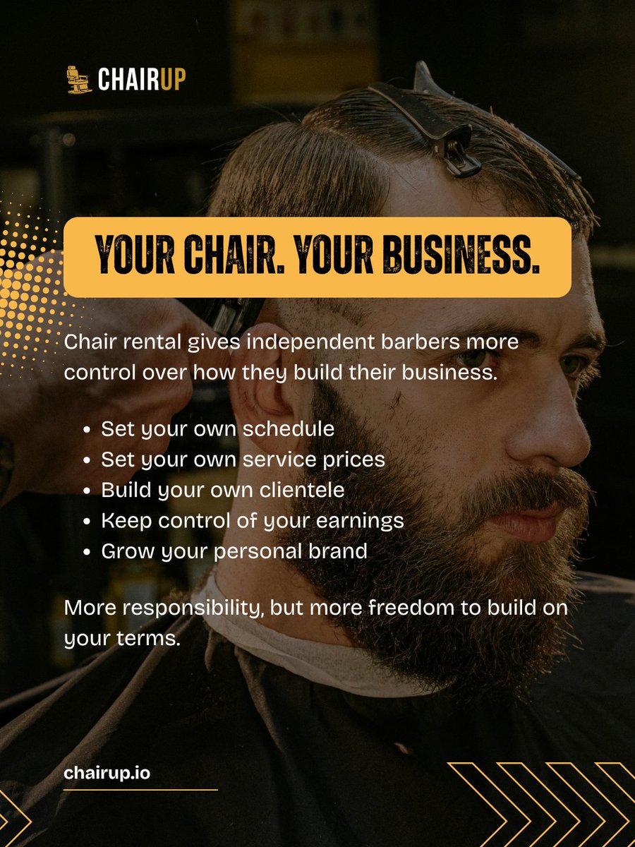 chairupUS's tweet photo. More freedom. More responsibility. More opportunity. 💈

Chair rental lets you build your clientele, reputation, and business on your terms.

Ready to make the move? Find your chair at https://t.co/dp23NCN1K7.

#chairup #barberlife #barbers #barberbusiness https://t.co/fmOfEZzIRN