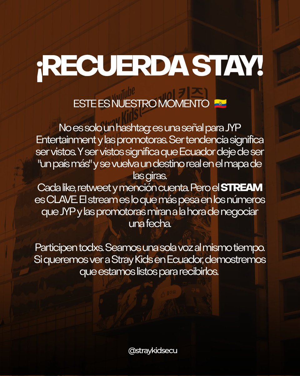 SKZ_Ecuador's tweet photo. ¡Ecuador quiere a @Stray_Kids ! 🇪🇨🔥

Participa en las jornadas de twitteada y stream masivo a partir de hoy junto a nosotrxs! Revisa las fechas y horarios en la imagen. 

¡STAY ECUADOR presente!🙌

#SKZenEcuador
#EcuadorNeedsStrayKids #BringSKZToEcuador
#RunitEcuador
@jypnation https://t.co/zRcW9ZEv7a
