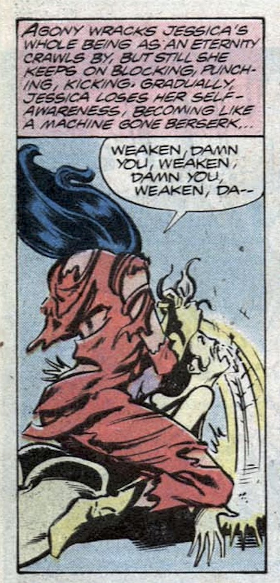 KylePrometheus's tweet photo. Bronze of the Day.  🧡  Venom Blast Day 17.

Spider-Woman #16.  July 1979.
All You Need Is Hate.

Cover: Sienkiewicz.
Story: Gruenwald / Infantino / Gordon.

The clinic says the room is not in her head.
The house is empty.
Adrienne is Nekra.
She runs.

Hate follows anyway...

The wig goes.
The mask goes.
The suit does not survive the room.

Panel of the Day. 💬

Not the first blow.
The last one.
She stops when the other woman stops.

Blood on the floor.
A hand on a throat that is still working.

Then the gown.
Then the wait.

Week 2.  Finding her feet.

Tonight she is on her knees.
The book can walk when she can still choose not to finish it.  👁️

🎹  https://t.co/JAt6RrV1RW