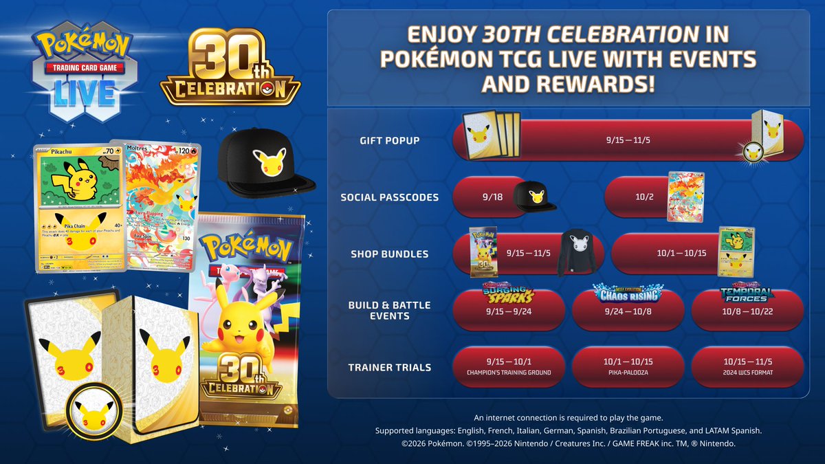 PokemonTCGLive's tweet photo. We've got a lot going on in Pokémon TCG Live to commemorate the release of the #PokemonTCG: 30th Celebration 🎉 expansion, so here's a better look at everything happening 📅

Enjoy social passcodes, limited Shop deals, new events, and more throughout September and October! 🎊 https://t.co/NqFXVUWDOu
