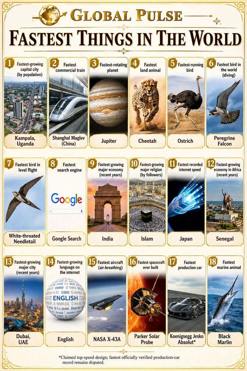 Globalstats_77's tweet photo. Fastest Things in the World

❶ Fastest-growing capital city (by population) → Kampala, Uganda
❷ Fastest commercial train → Shanghai Maglev (China)
❸ Fastest-rotating planet → Jupiter
❹ Fastest land animal → Cheetah
❺ Fastest-running bird → Ostrich
❻ Fastest bird in the world (diving) → Peregrine Falcon
❼ Fastest bird in level flight → White-throated Needletail
❽ Fastest search engine → Google Search
❾ Fastest-growing major economy (recent years) → India
❿ Fastest-growing major religion (by followers) → Islam
⓫ Fastest recorded internet speed → Japan
⓬ Fastest-growing economy in Africa (recent years) → Senegal
⓭ Fastest-growing major city (recent years) → Dubai, UAE
⓮ Fastest-growing language on the internet → English
⓯ Fastest aircraft (air-breathing) → NASA X-43A
⓰ Fastest spacecraft ever built → Parker Solar Probe
⓱ Fastest production car → Koenigsegg Jesko Absolut
⓲ Fastest marine animal → Black Marlin
