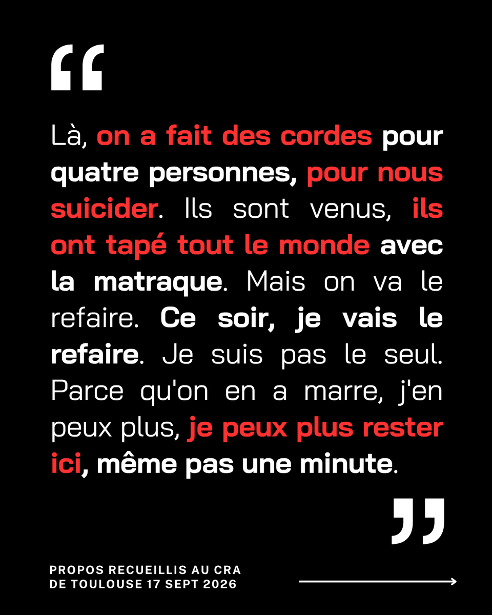 CraAnti's tweet photo. 🔴 TÉMOIGNAGE D'UN PRISIONNIER DU CRA DE TOULOUSE - AUJOURDH'HUI MÊME

🔥FORCE AUX PRISIONNIERS, FAITES TOURNER !

1/ https://t.co/WTMhEqmV0A