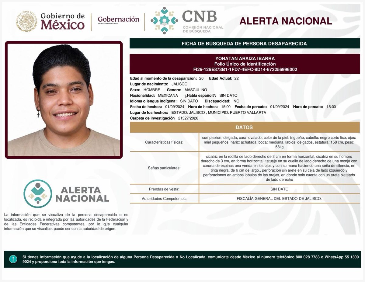 AAMBER_JAL's tweet photo. 🚨 Solicitamos su apoyo para localización de persona 🚨

⚖️ Alerta Amber Jalisco y @FiscaliaJal  en coordinación con la @Busqueda_MX , solicitan su apoyo para la difusión de la cédula informativa con el objetivo de localizar a

YONATAN ARAIZA IBARRA https://t.co/V7IfXj5Kca