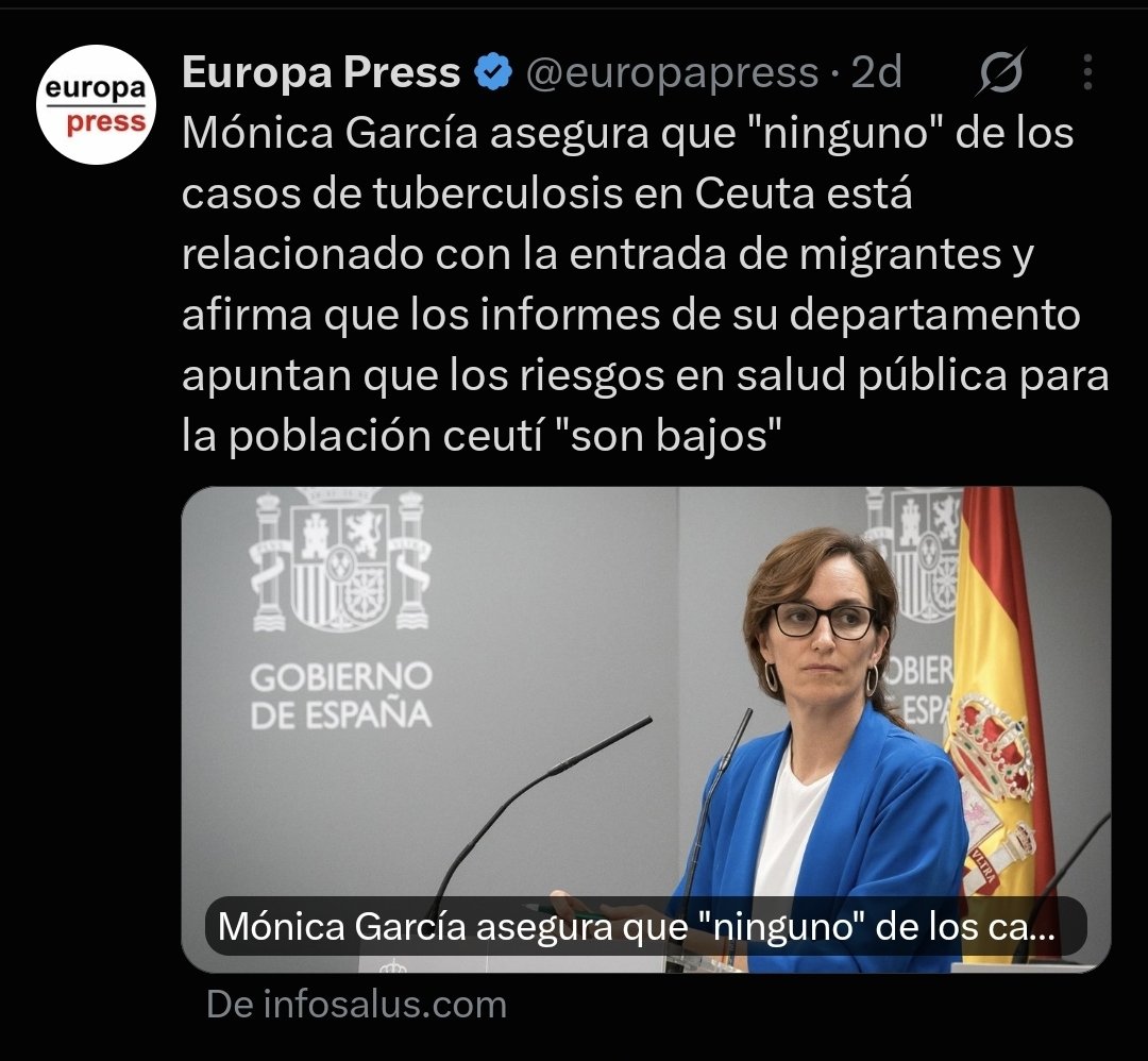 profsecundario's tweet photo. Dos días antes de confirmar Mónica García ocho casos de tuberculosis entre los inmigrantes, la misma Mónica García decía que "ninguno" de los casos de tuberculosis tenía que ver con esos inmigrantes. Dimisión es poco. Debería ser inhabilitada como política de por vida. https://t.co/ZelXZ0ZNj0