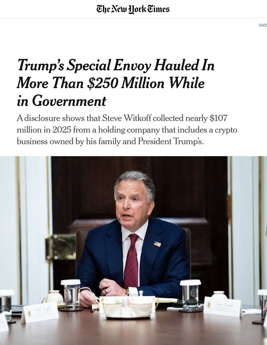 DrDinD's tweet photo. #StopTrumpCorruption
Steve Witkoff made nearly $107 million in 2025 from a holding company tied to Trump family crypto while serving as special envoy. Apparently public service now means pulling nine figures from the president's cronies while families struggle to pay bills. https://t.co/fyT4LJttSD