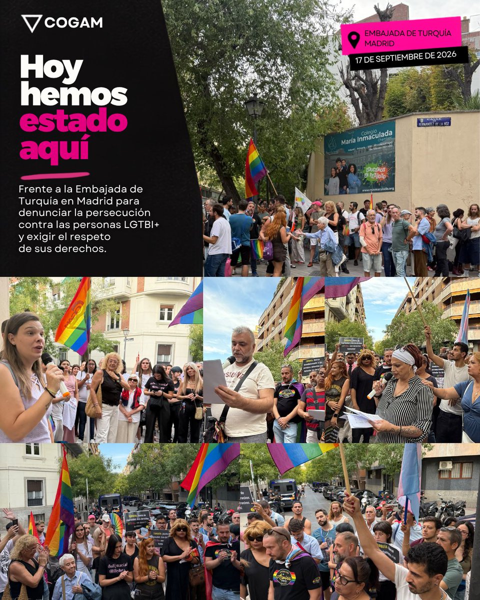 COGAM's tweet photo. Hoy hemos estado frente a la Embajada de Turquía en Madrid. 🏳️‍🌈🏳️‍⚧️

Frente a la persecución de las personas LGTBI+, alzamos la voz.

✊ Frente a la represión, solidaridad.
📢 Frente al silencio, nuestra voz.

Los derechos LGTBI+ son derechos humanos. No conocen fronteras. https://t.co/savmIdvPbn