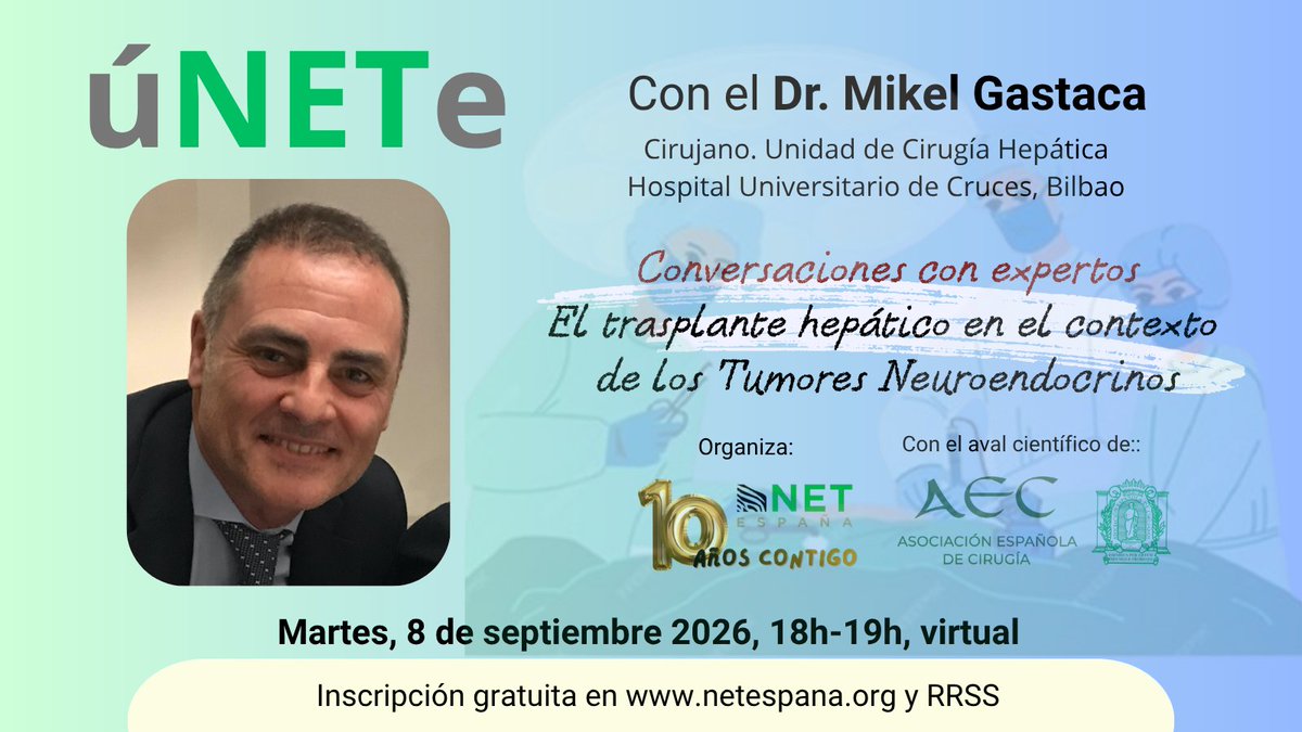 Netespana's tweet photo. Disponible la grabación dedicada al "Trasplante hepático en el contexto de los Tumores Neuroendocrinos" con el Dr. Mikel Gastaca del Hospital Universitario de Cruces #Bilbao @aecirujanos  
https://t.co/cGgGt5WJBU https://t.co/3uNE8VvOwM
