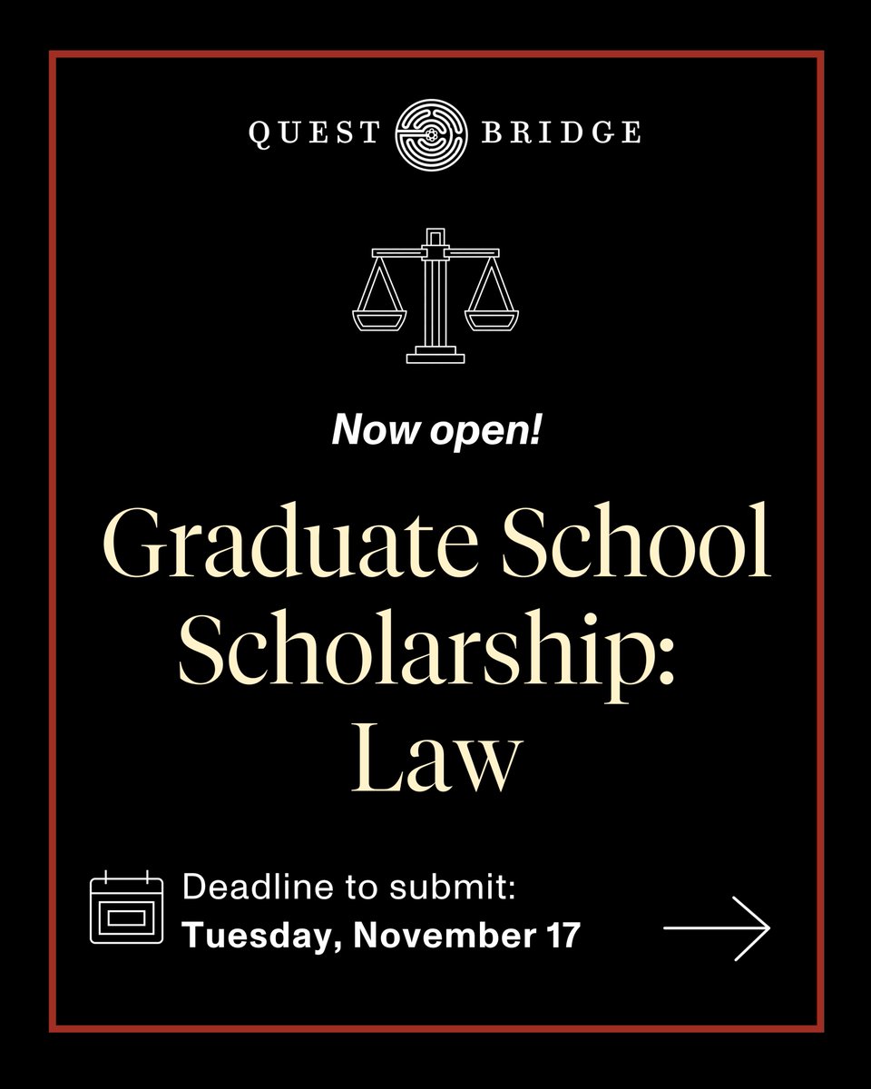 QuestBridge's tweet photo. ⚖️ QuestBridge Scholars &amp; Alumni: The Graduate School Scholarship: Law application is open! Apply by Tuesday, November 17 to be considered for a scholarship that funds up to the full cost of tuition at Stanford Law and UChicago Law. Get started: https://t.co/6pMyXrfVvw https://t.co/QLZv3dJK4E