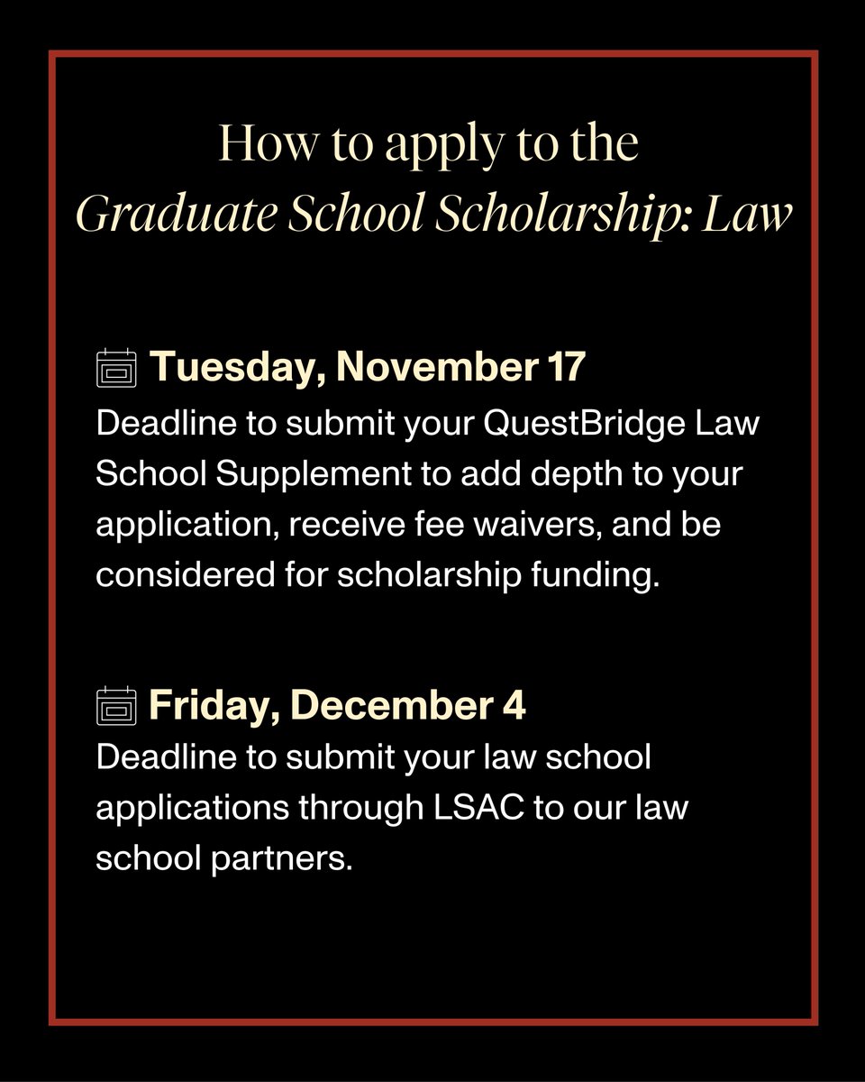 QuestBridge's tweet photo. ⚖️ QuestBridge Scholars &amp; Alumni: The Graduate School Scholarship: Law application is open! Apply by Tuesday, November 17 to be considered for a scholarship that funds up to the full cost of tuition at Stanford Law and UChicago Law. Get started: https://t.co/6pMyXrfVvw https://t.co/QLZv3dJK4E