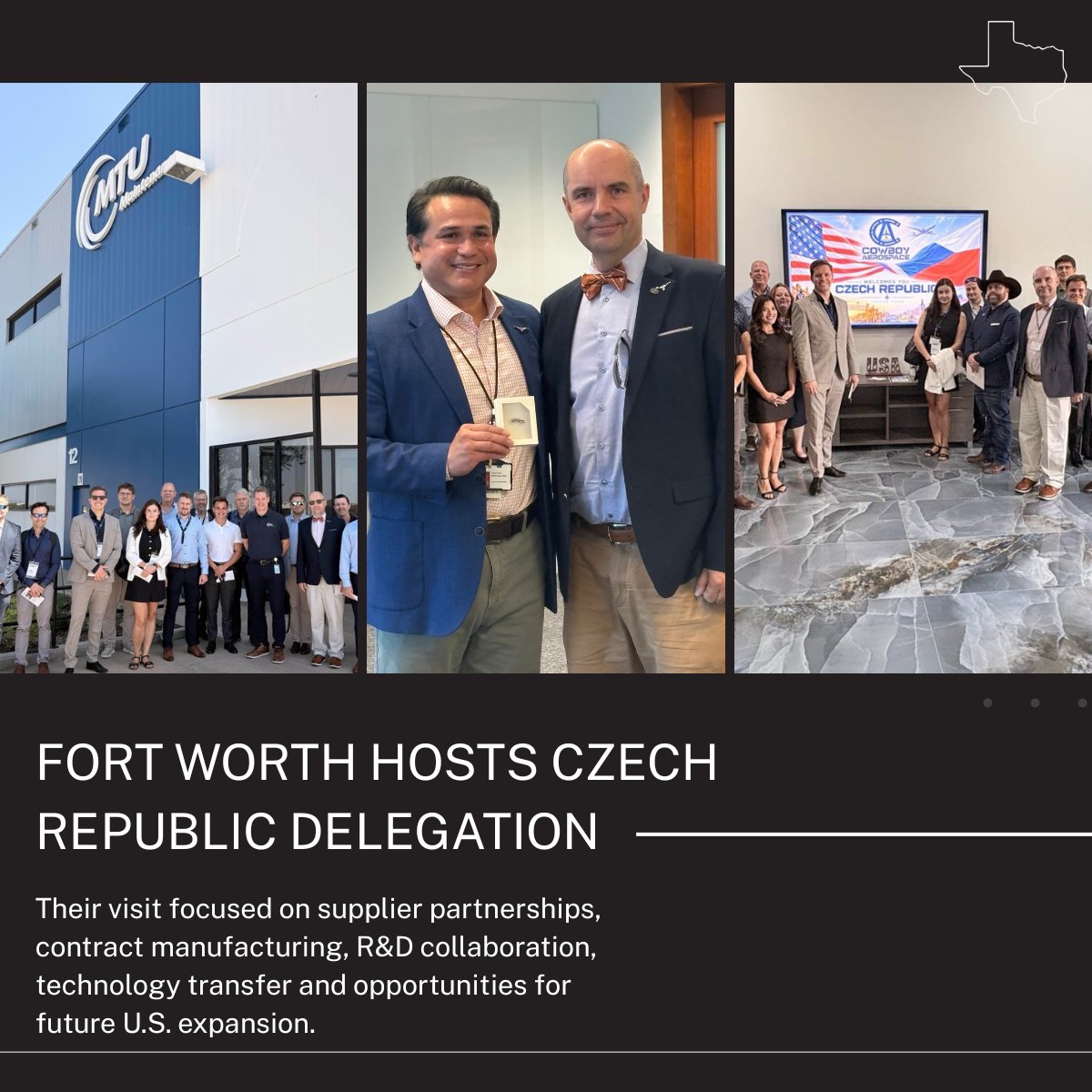 FortworthEDP's tweet photo. Fort Worth EDP and Mayor Pro Tem Carlos Flores welcomed a Czech delegation, including MEP Dr. Jaroslav Knot, to explore U.S. expansion opportunities. Visits to MTU Maintenance FW, @CowboyAero, @BellFlight and @UTArlingtonRI showcased FW’s aerospace and manufacturing strengths. https://t.co/CcRygiNchB