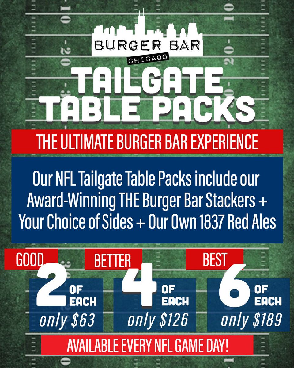 BurgerBarChi's tweet photo. OK... Stop scrolling. ⬇️ The "Best of" Bundle drops TONIGHT. 🚀

TAILGATE TABLE PACKS: We’re pulling the curtain back on our new special for the NFL season. Everything great about Burger Bar in one crowd-pleasing pack. Come catch The Game, and claim your feast while you can. 🧊✨ https://t.co/wdyVzU7MkE