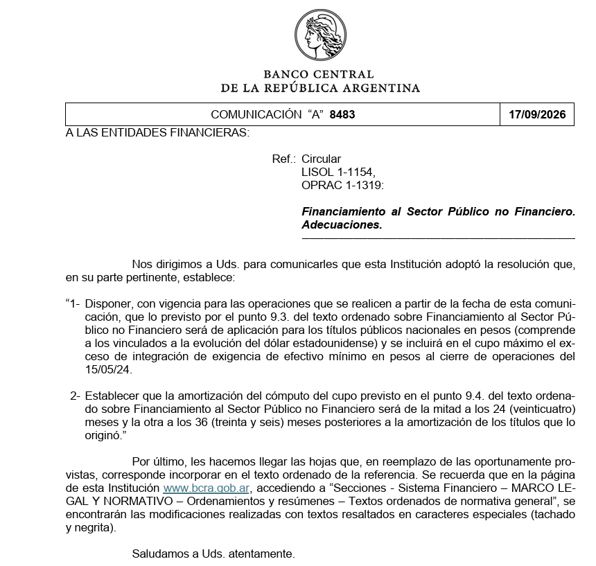 TargetDeMercado's tweet photo. Com. A 8483 del BCRA: principalmente, lo que hace es ampliar uno de los cupos de tenencia de títulos para los bancos. Este límite había quedado vigente desde mayo de 2025 y permitía comprar Lecaps en función de la tenencia de pases que cada entidad tenía a esa fecha.
Ahora, dentro de ese mismo límite, se habilita la compra de cualquier otro título público en pesos, incluidos los USD linked y duales.