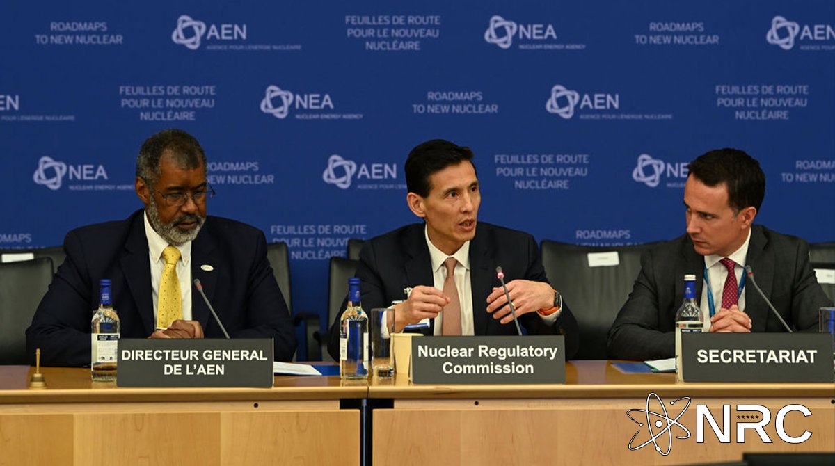 NRCgov's tweet photo. 🤝Chairman Nieh and @OECD_NEA Director-General William D. Magwood discussed NRC licensing reforms before an audience of energy ministers and industry representatives. Chairman Nieh described how NRC’s new licensing approaches achieve safety, predictability and speed. https://t.co/eXWwXBYIQB