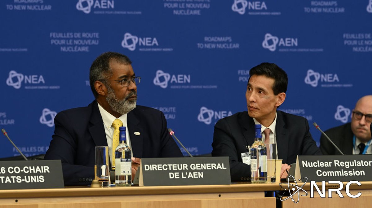 NRCgov's tweet photo. 🤝Chairman Nieh and @OECD_NEA Director-General William D. Magwood discussed NRC licensing reforms before an audience of energy ministers and industry representatives. Chairman Nieh described how NRC’s new licensing approaches achieve safety, predictability and speed. https://t.co/eXWwXBYIQB