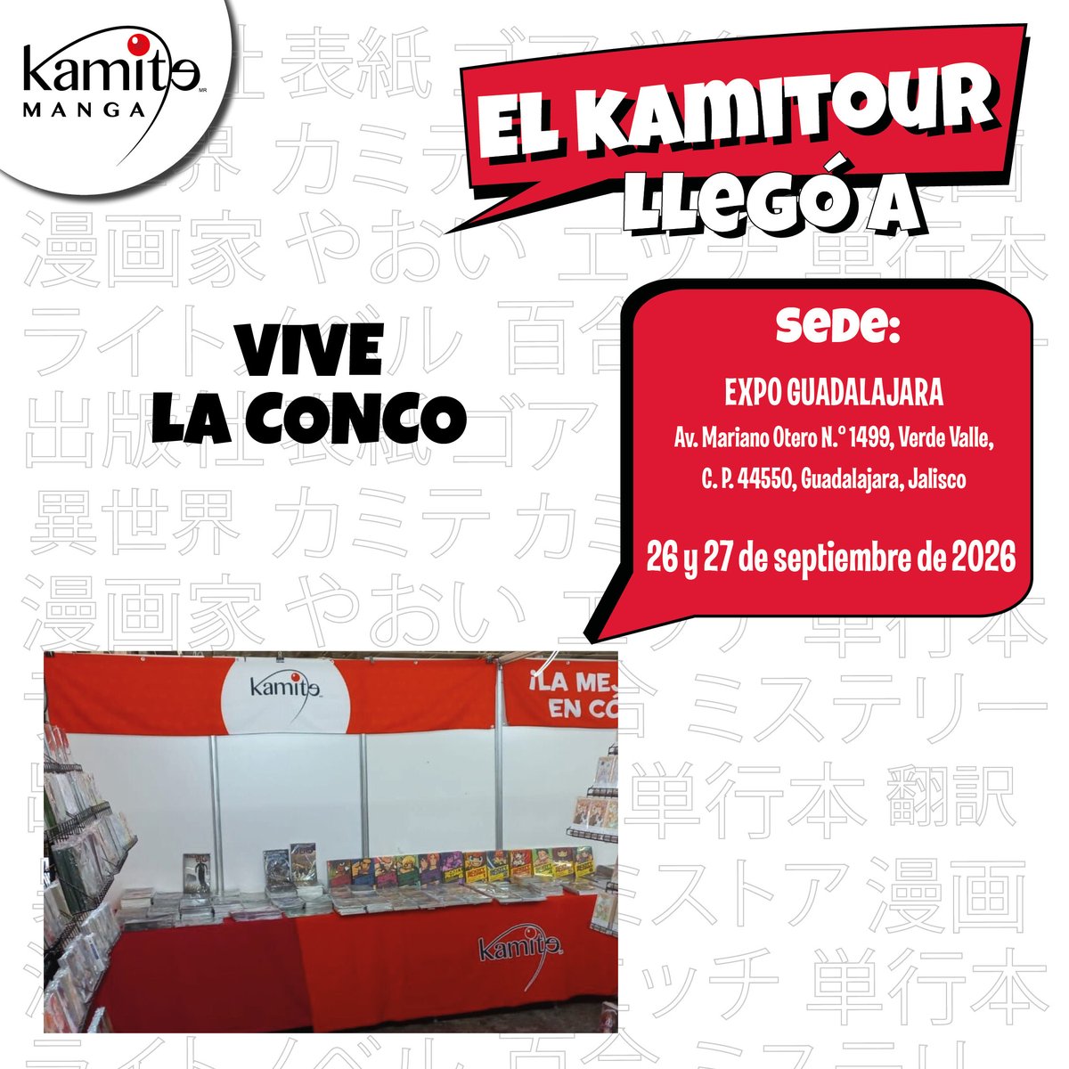 kamite_manga's tweet photo. ¡Tu dosis de manga y cómic está asegurada! 💥Visita el stand de #Kamite en Vive la Conco y consigue tus ediciones favoritas antes de que vuelen. ¡Te esperamos!
📅 26 y 27 de septiembre 📍Expo Guadalajara | Vive la Conco. https://t.co/HBvg0G67Uy