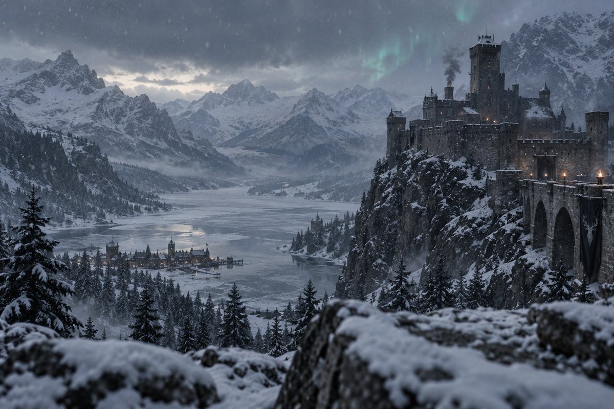 yashktrivedi's tweet photo. Cinematic landscape of a remote Norwegian mountain valley in deep winter, ancient stone castle perched on a rocky outcrop overlooking a frozen lake and pine forests, heavy snowfall, overcast grey-blue sky with faint northern lights, smoke rising from chimneys, Game of Thrones production design, moody desaturated color grade, wide cinematic composition, shallow depth of field on foreground snow-covered rocks, shot on 35mm film, epic scale

#GameOfThrones #Norway #CinematicLandscape #FantasyArt #Winterfell #Aurora #Fjords #AIArt #Cinematic #16x9