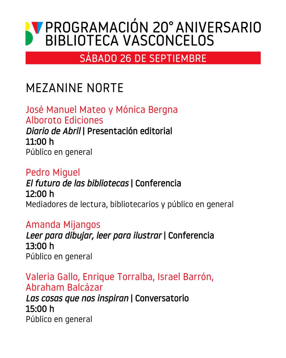 VSCLS's tweet photo. 📚✨ ¡Celebra con nosotros 20 años de la Biblioteca Vasconcelos!

Este sábado 26 de septiembre te esperamos con historias, música y teatro y encuentros alrededor de los libros. https://t.co/3QH7r7kIKu