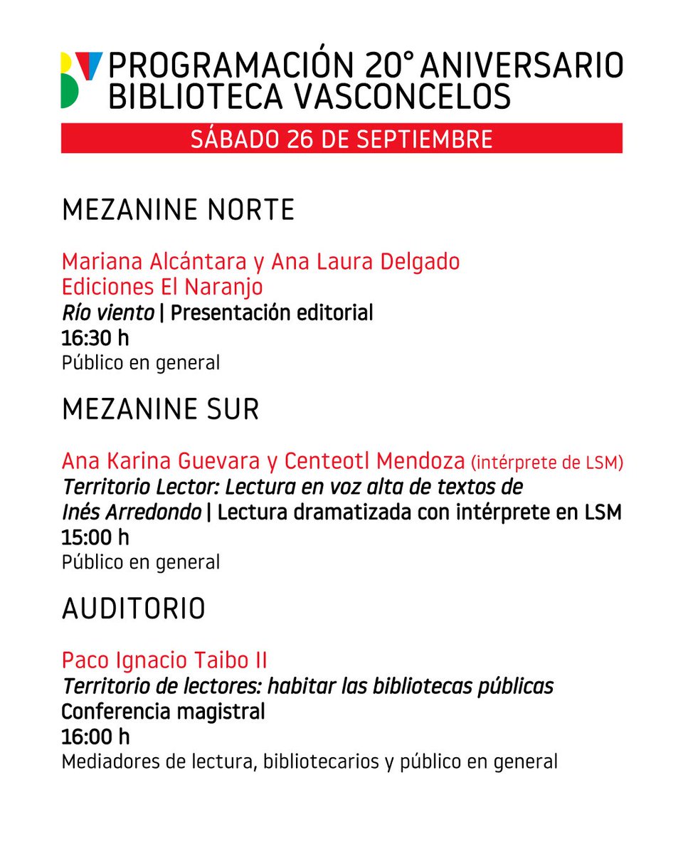 VSCLS's tweet photo. 📚✨ ¡Celebra con nosotros 20 años de la Biblioteca Vasconcelos!

Este sábado 26 de septiembre te esperamos con historias, música y teatro y encuentros alrededor de los libros. https://t.co/3QH7r7kIKu