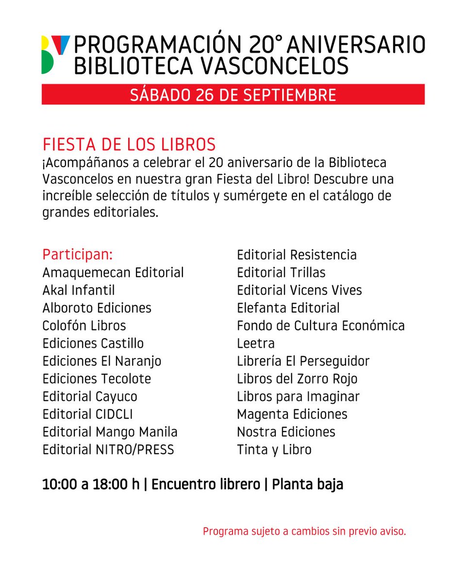 VSCLS's tweet photo. 📚✨ ¡Celebra con nosotros 20 años de la Biblioteca Vasconcelos!

Este sábado 26 de septiembre te esperamos con historias, música y teatro y encuentros alrededor de los libros. https://t.co/3QH7r7kIKu