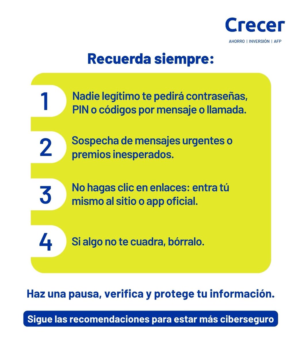 AFPCrecer's tweet photo. ⚠️ Unos segundos de precaución pueden marcar la diferencia. 

Te compartimos algunas recomendaciones para ayudarte a proteger tu información y navegar con mayor seguridad. 🔒

Proteger tus datos también es proteger tu futuro. ✅

#SomosCrecer #Ciberseguridad #TodosSomosSeguridad https://t.co/54yZDhlrdR