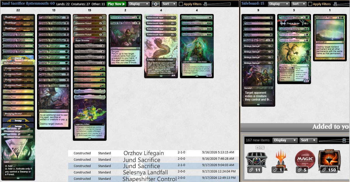 The matchups were two Jund Sacrifice mirrors, Orzhov Lifegain, Selesnya Landfall, and Shapeshifter Control.