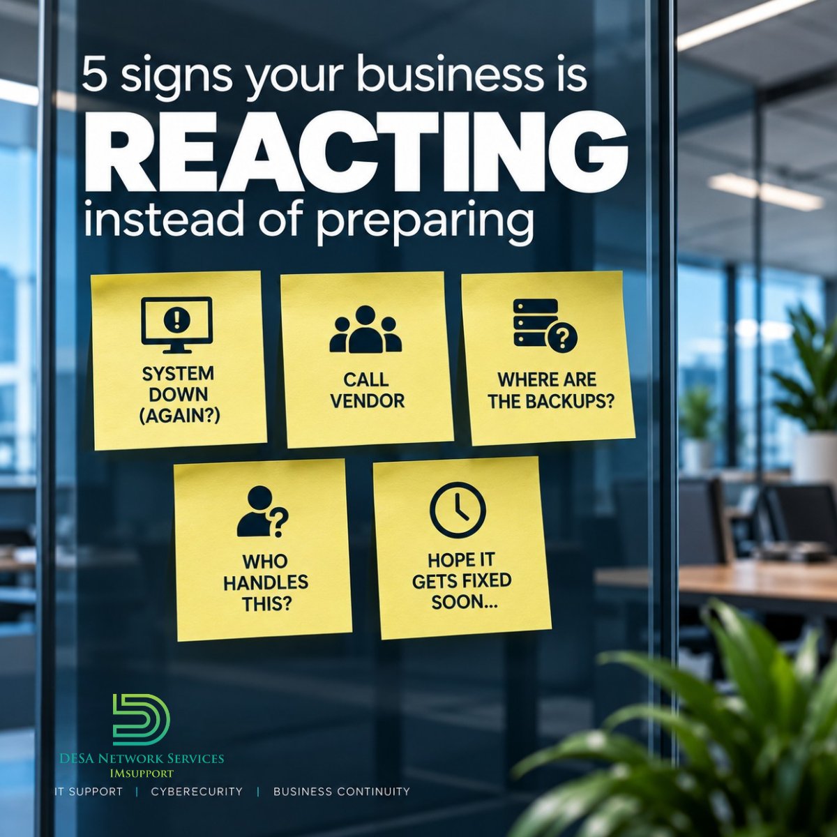 DesaNetwork's tweet photo. If these questions sound familiar, your business may be spending too much time reacting. 👀

“System down again?”
“Where are the backups?”
“Who handles this?”

Less scrambling. More preparing. Better business continuity.

#ITSupport #BusinessContinuity #HoustonIT https://t.co/pdmY8F2Fow