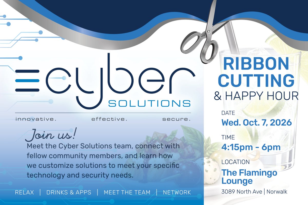 CyberSolutionsX's tweet photo. Happy Hour (need we say more?!)

Come join us at The Flamingo Lounge in Norwalk, IA on Wednesday, October 7th, 4:15 PM to 6 PM.

Drinks, Apps, and get to know the Cyber Solutions Team.

We can't wait to meet you!

#HappyHour #TheFlamingoLounge #NorwalkChamber
#CyberSolutions https://t.co/tnraC5U7AK