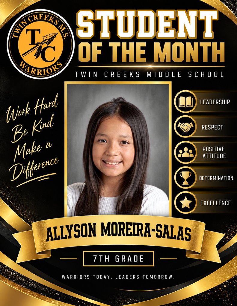 TwinCreeksMS1's tweet photo. 🎉 Congratulations to Our 7th Grade Students of the Month! 🎉

These Warriors have demonstrated hard work, positive attitudes, leadership, and excellence. Thank you for setting a great example and representing Twin Creeks with pride! https://t.co/iT5xj5uMxv