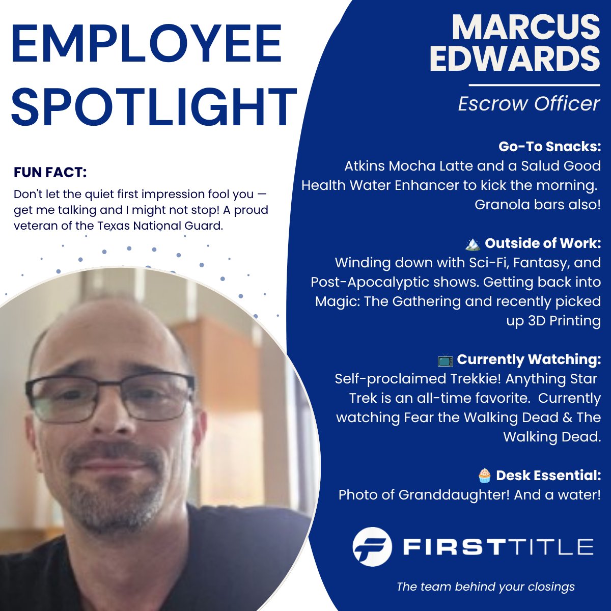 firsttitle's tweet photo. π Employee Spotlight!
Every month we love taking a moment to introduce the incredible people behind First Title & Escrow. Get to know one of our own! π
#FirstTitleAndEscrow #EmployeeSpotlight #FirstTitleFamily #MeetTheTeam https://t.co/vKkqcGxa4G