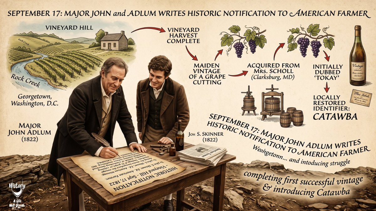ALifeWellDrunk's tweet photo. September 17: In 1822, Major John Adlum completed the first Catawba vintage at his Vineyard Hill estate. #WineHistory #WineEducation #Catawba https://t.co/YiNpPNv4ug