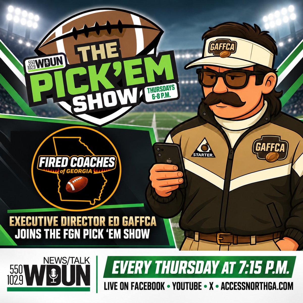 FridayGameNight's tweet photo. 🔥 Fired Coaches of Georgia Executive Director Ed Gaffca joins the FGN Pick ’Em Show every Thursday at 7:15 p.m.!

Watch live on Facebook, YouTube, X and https://t.co/zbOM3ywafj.

🏈 Thursdays from 6–8 p.m.
📻 AM 550 and FM 102.9 WDUN
📽️ YT: https://t.co/L32Xmj6uBw  
FB: https://t.co/3Ke1lQ8i3Y

#FridayGameNight #PickEmShow #FiredCoachesOfGeorgia #HighSchoolFootball #WDUN