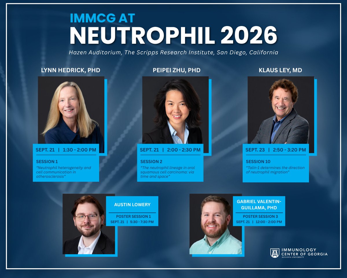 ImmunologyAU's tweet photo. Our center will be well represented at #Neutrophil2026 with oral presentations by Lynn Hedrick, PhD, Peipei Zhu, PhD, and Klaus Ley, MD, and poster presentations by Austin Lowery and Gabriel Valentín Guillama, PhD.

@TheHedrickLab 

#Neutrophil #Immunology #Research https://t.co/3XOLDRlaA6