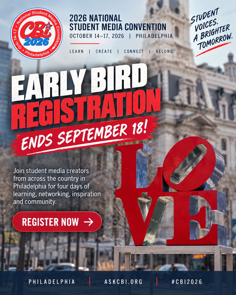 AskCBI's tweet photo. Early bird ends September 18!
Join student media creators from across the country in Philadelphia for the 2026 NSMC, October 14–17. Four days of ideas, hands-on learning, new connections, and the people who understand why student media matters. https://t.co/UTyr4F6cJL