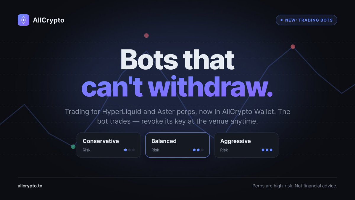 allcrypto_'s tweet photo. Pick a preset, set your range, and let a bot trade HyperLiquid &amp; Aster perps for you 24/7.  It trades with an agent key that can't withdraw. Your funds and keys stay yours.  Try it → https://t.co/Np5t1kTf2W https://t.co/a4u7gneYtv