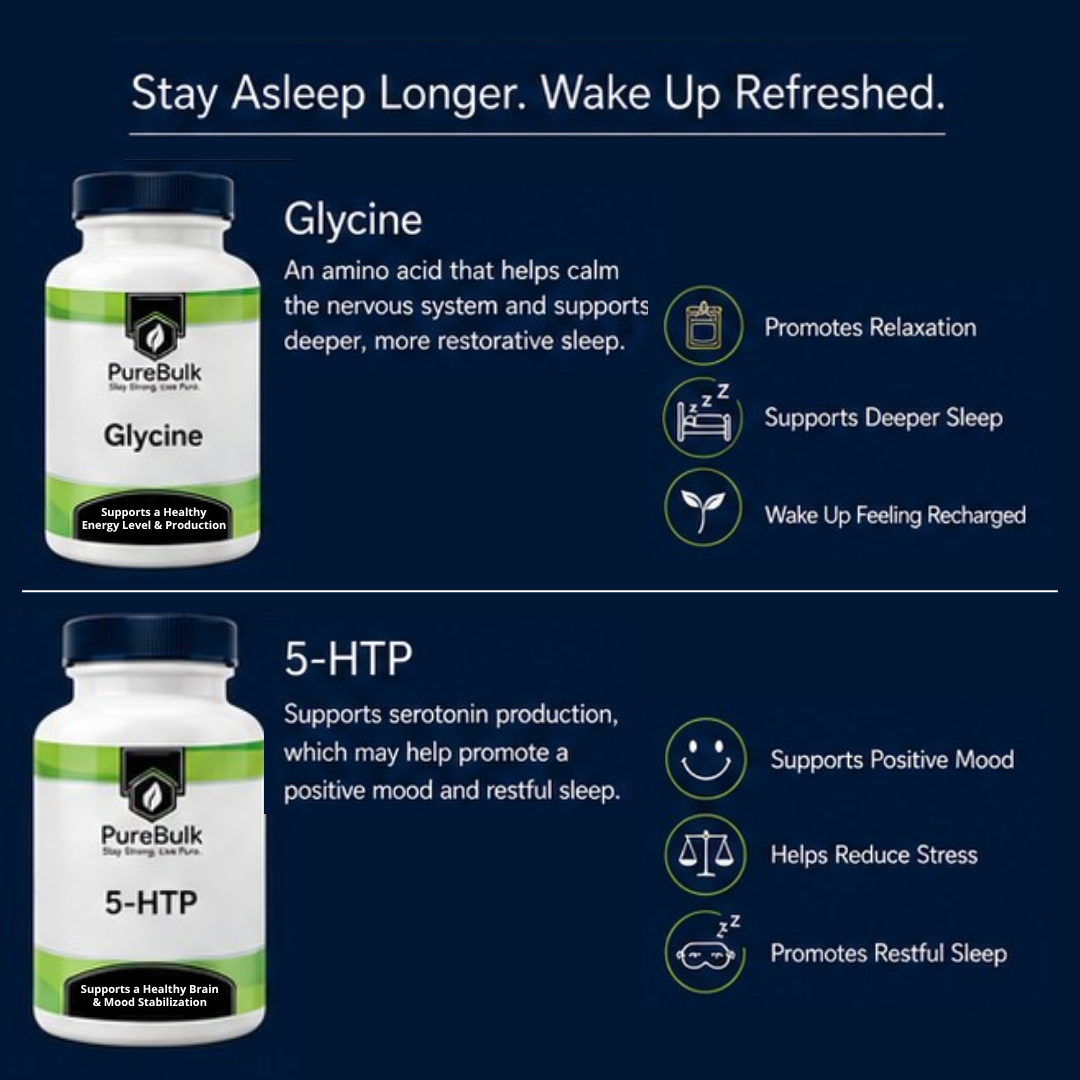 PureBulk's tweet photo. 🌙 Looking for support for a better night’s sleep?

Sleep looks different for everyone, which is why we offer several formulas designed to support different parts of your nighttime routine.

✨ Melatonin + L-Theanine
A combination of Melatonin and L-Theanine designed to support relaxation and help you wind down before bed. Melatonin plays a role in regulating the body’s sleep-wake cycle, while L-Theanine is commonly used to support a calm, relaxed state.

😴 Pure Sleep
A multi-ingredient formula designed to support relaxation and healthy sleep quality. It combines Magnesium Bis-Glycinate and Magnesium Citrate to work together to provide comprehensive nighttime support.

🌿 Glycine
Glycine is an amino acid that plays several important roles in the body and is commonly used as part of a nighttime routine. It may support relaxation and deeper, more restorative sleep.

💚 5-HTP
5-HTP is a compound the body uses to produce serotonin, a neurotransmitter involved in mood and sleep regulation. It may support a positive mood, relaxation, and restful sleep.

Whether your goal is to unwind at the end of the day, support restful sleep, or wake feeling refreshed, there may be a formula that fits your routine. 🌙

Explore PureBulk Sleep Support → https://t.co/DUhGWNQyLH

*These statements have not been evaluated by the Food and Drug Administration. This product is not intended to diagnose, treat, cure, or prevent any disease.

#PureBulk #SleepSupport #Supplements #Wellness
