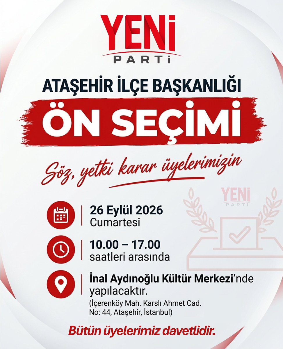 avdizdaroglu's tweet photo. Demokrasinin gücü, üyelerimizin iradesinden doğar.

Ataşehir İlçe Başkanlığı ön seçimimizde söz de, yetki de, karar da üyelerimizin!

📅 26 Eylül 2026 Cumartesi
⏰ 10.00 – 17.00
📍 İnal Aydınoğlu Kültür Merkezi https://t.co/1JWAKjkBTM