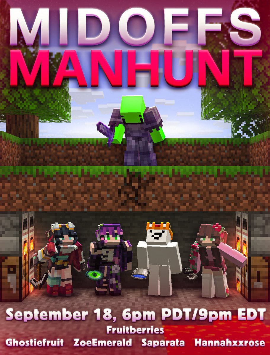 ZoeEmerald7's tweet photo. They learned to speedrun Minecraft from the best of the best.

Can they remember their training while running FOR THEIR LIVES?

Find out tomorrow at 6pm PDT ✨ Watch Live at https://t.co/mtbPbqOvo9

Runners:
@hannahxxrose 
@ghostiefruit 
@sapsarata 
ZoeEmerald

Hunter:
@froubery https://t.co/oxeYP6R5D3