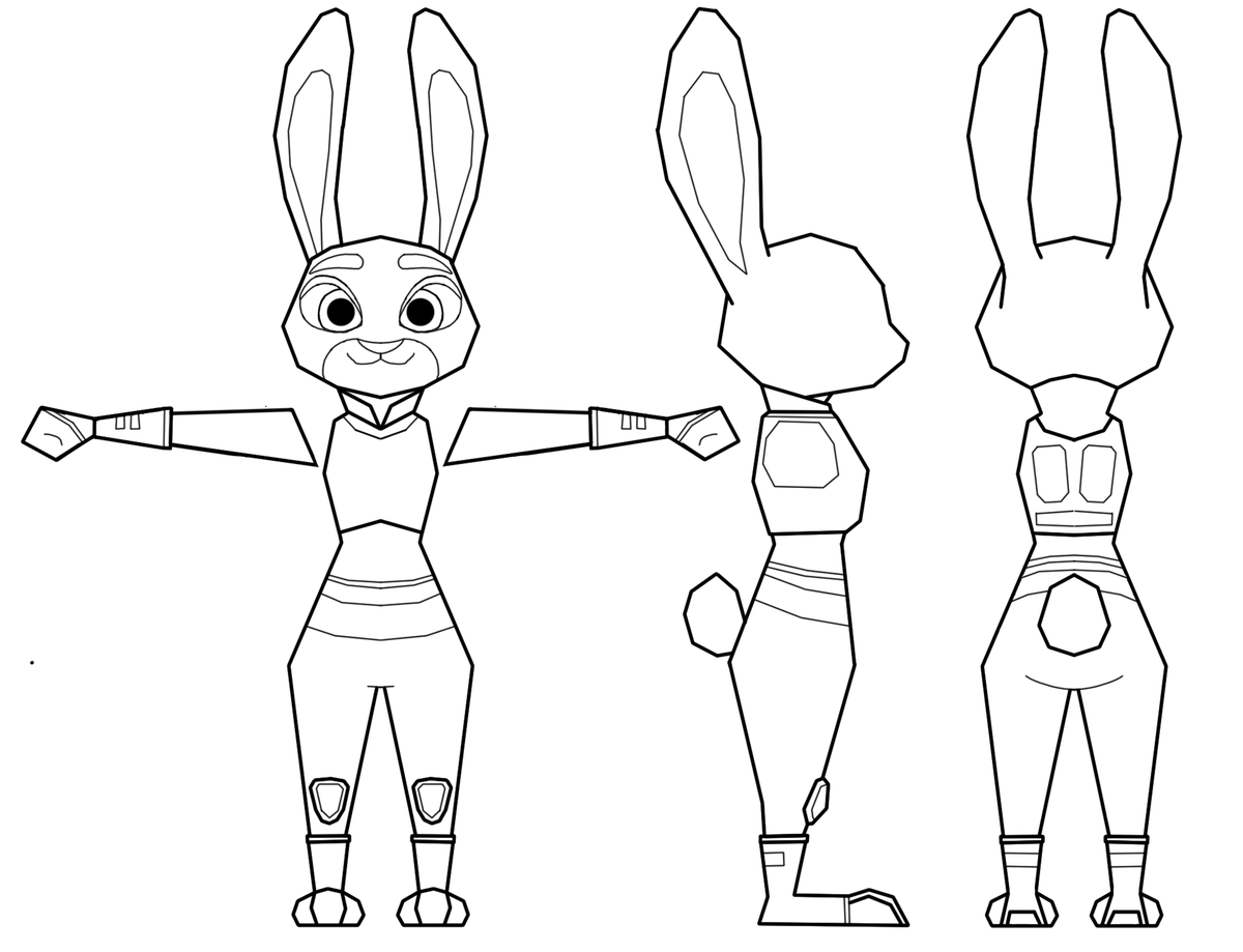 RayTheEngi's tweet photo. Made turnarounds for Judy Hopps! Really rough for now and may update it during the modelling phase.
I'm planning on going for the low poly graphics style of PS1 games. I adore the style and wanted to emulate it for my game. https://t.co/hW0xyZlQqb
