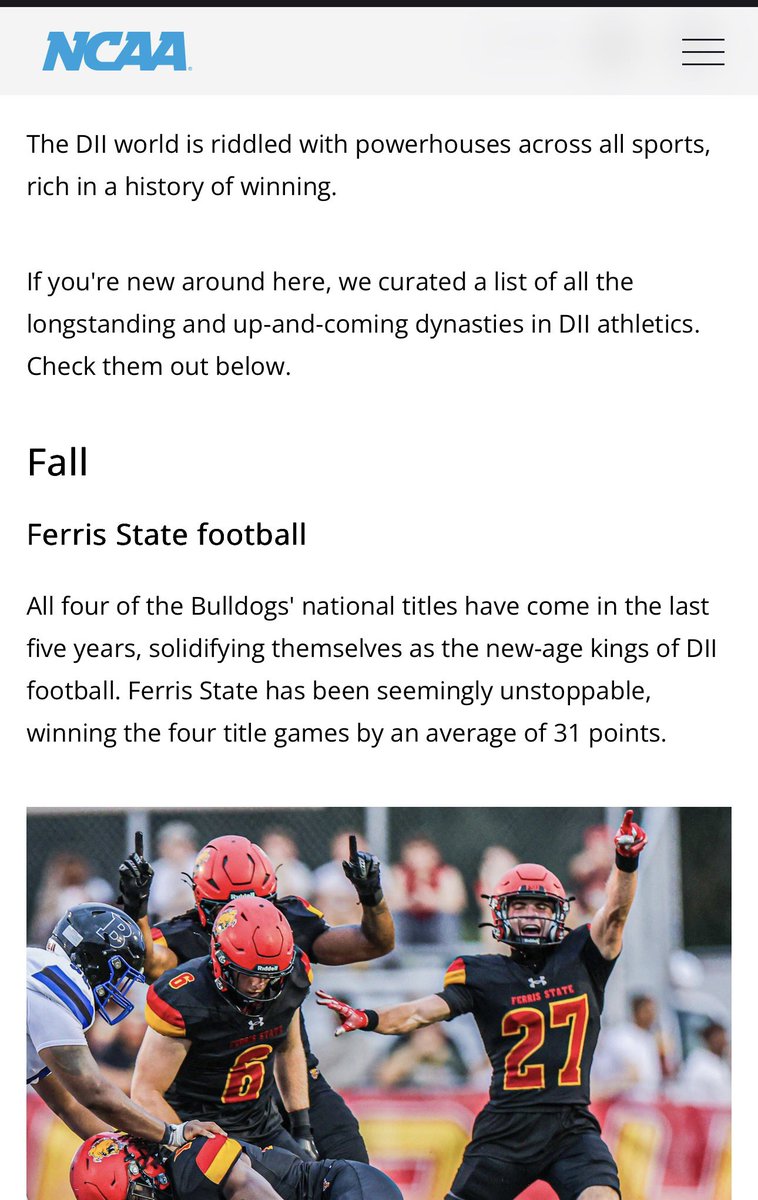 Hugeshow's tweet photo. The Dawgs always deliver. The NCAA is recognizing @FerrisFootball as an elite dynasty program. https://t.co/ZHrImcodyB