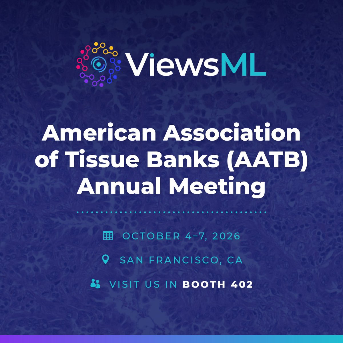 viewsML's tweet photo. Tissue is finite. Your archive shouldn’t be.

Visit us at AATB to learn how virtual staining generates biomarker expression data directly from existing H&amp;E — without consuming additional tissue.

Come see how we can help you preserve tissue while getting more from your archive. https://t.co/oNy0esRncf