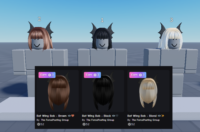 ForcePost_'s tweet photo. Your avatar's Halloween era starts NOW 🦇✨  Introducing the Bat Wing Bob Series 

— 3 colors, endless vibes:  
🤎 Brown 
🖤 Black 
💛 Blonde 

Avaliable now: https://t.co/dksT1sMnu4

#roblox #robloxugc #robloxdev #ROBLOX https://t.co/g7gUJtVQLB