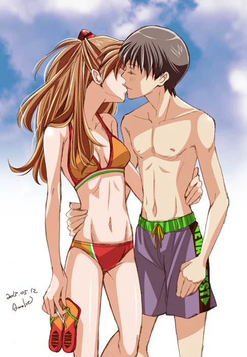 OtakuN3rd's tweet photo. #Auska and #Shinji from #NGE #Evangelion for your Thursday. #Bikini #Swimsuit #Kiss #Anime https://t.co/Z4eY8Agf3N