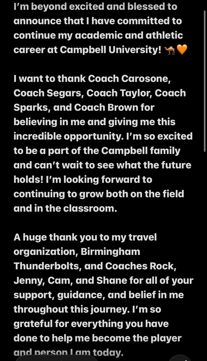 AvaScuderi's tweet photo. Next chapter loading...I am beyond excited to say I have verbally committed to Campbell University to play softball. 

Excited to continue to grow both academically and athletically and be a part of the Campbell family. 🧡🐪

#rollhumps #fightasone
@CoachCarosone @__CoachTaylor @coachsegars1 @Bolts2028 @BhamBolts2027 @cam_byars @coach_jenny2 @rockello24 @MustangAth @TritonMsoftball