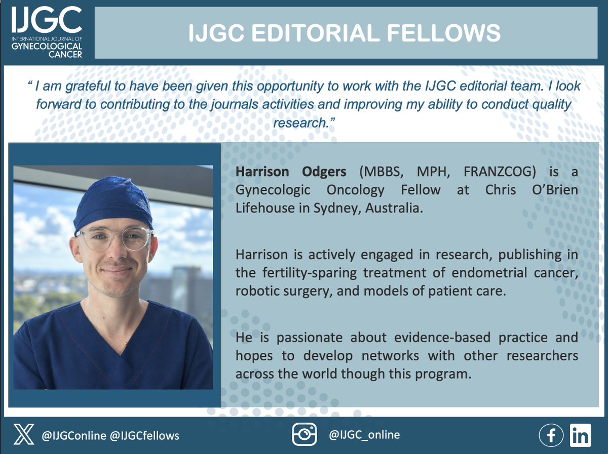 IJGConline's tweet photo. We’re pleased to introduce Harrison Odgers, an IJGC #EditorialFellow and #GynOnc Fellow at Chris O’Brien Lifehouse in Sydney, Australia 🇦🇺 

Welcome Harrison, we are so happy to have you!🤩 

@pedroramirezMD @RParejaGineOnco @HsuMd @JayrajAarthi @AndreFernandes2 @IGCSociety @ESGO_society @ENYGO_official @OncoAlert @IJGCfellows @GynMe4 @Suvidyasingh20 @ohadfeld