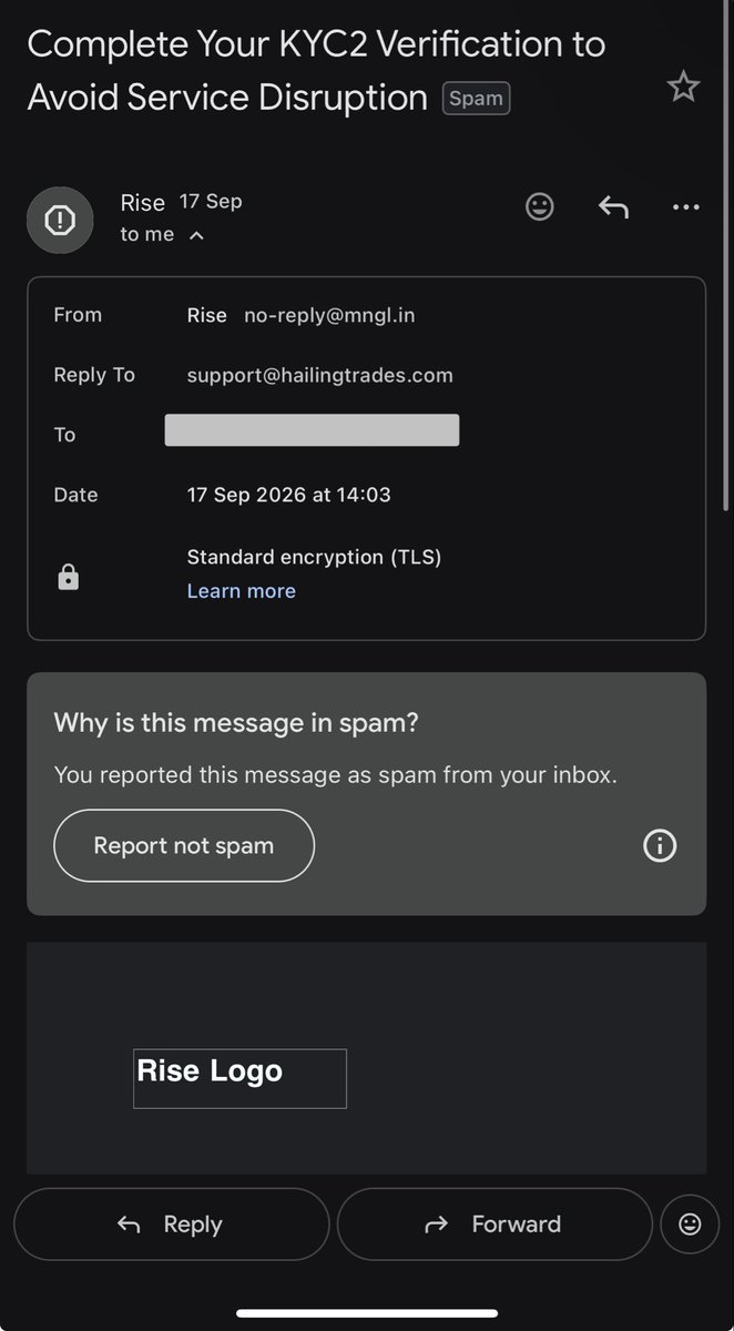 salmanmunir96's tweet photo. Gmail has been unable to flag a phishing mail that's pretending to be from @rise_pay urging you to redo KYC.

Do not click on that link and do not proceed with it.

I did report spam the mail but it can be sent from any of other emails. The email looks legitimate at first glance.

Kindly repost and share for awareness.