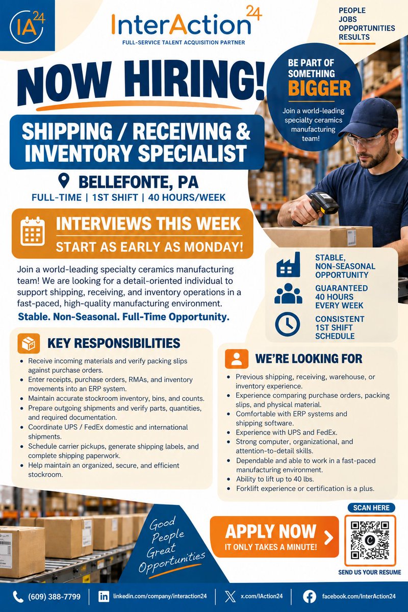 IAction24's tweet photo. Now hiring — Shipping / Receiving & Inventory Specialist

Bellefonte, PA | Full-time | 1st shift | 40 hours
Conducting on site interviews with the hiring manager this week!

On-site stockroom seat: packing slip vs PO, ERP receipts, bin counts, UPS/FedEx pack-out, afternoon carrier pickups. Not a pick line.

Guaranteed FULL TIME hours; 40/hrs a week, not seasonal, looking for a long term fit for a stable employer

Apply in one minute — scan the flyer, send a resume, or call 609-388-7799.

#Hiring #Bellefonte #ShippingAndReceiving #Inventory #ManufacturingJobs #PennsylvaniaJobs